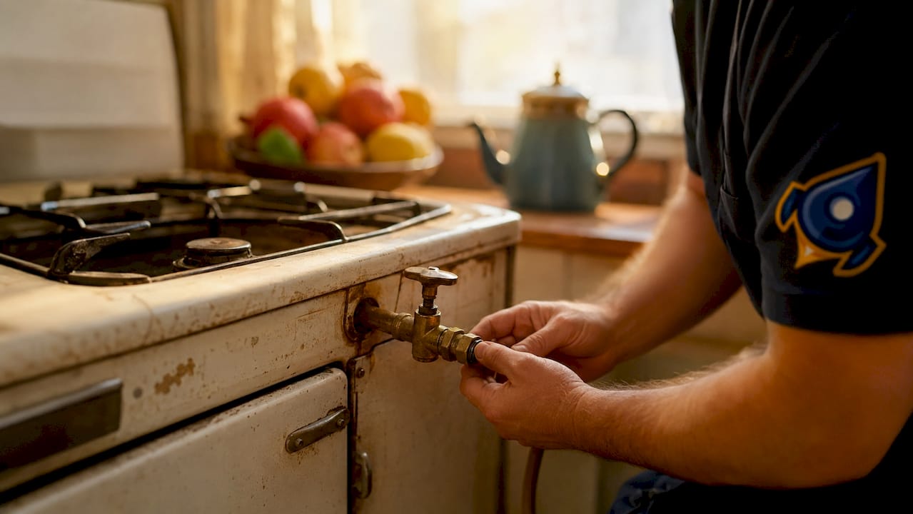 Close-up of kitchen gas stove valve showing safety detail