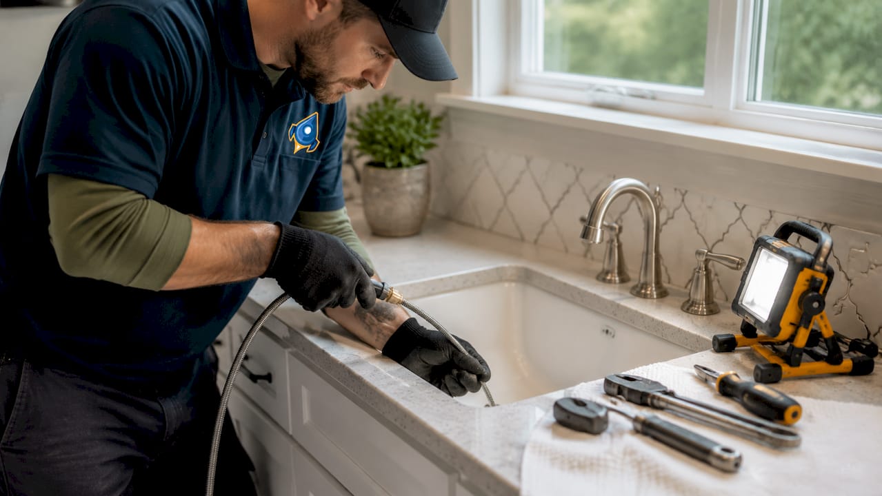 Plumber inserting hydro jetting nozzle in pipe