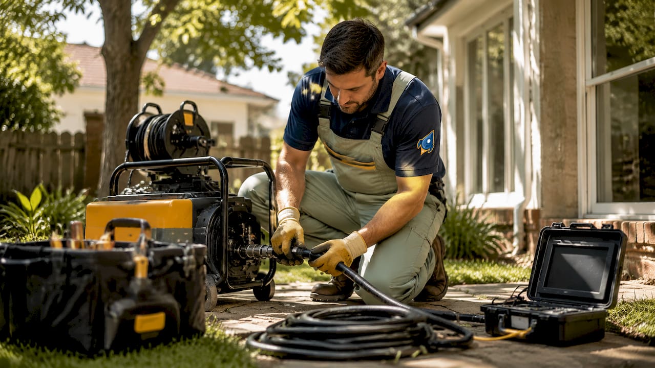 Plumber preparing hydro jetting equipment outdoors