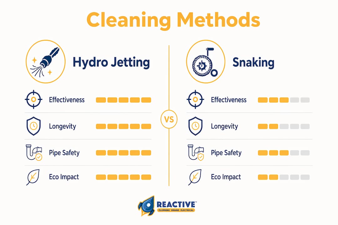 Infographic comparing hydro jetting and snaking methods