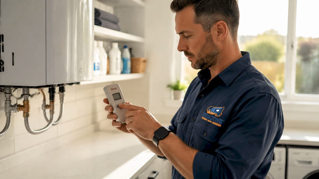 Plumber checking Rinnai heater error codes