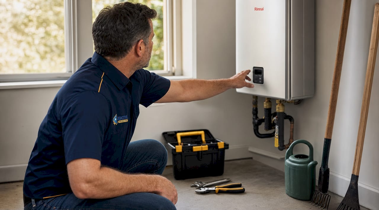 Homeowner inspecting Rinnai tankless water heater