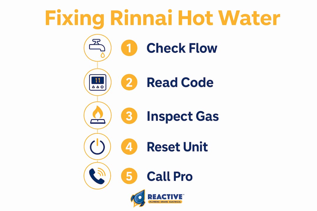 Infographic illustrating steps to fix Rinnai no hot water