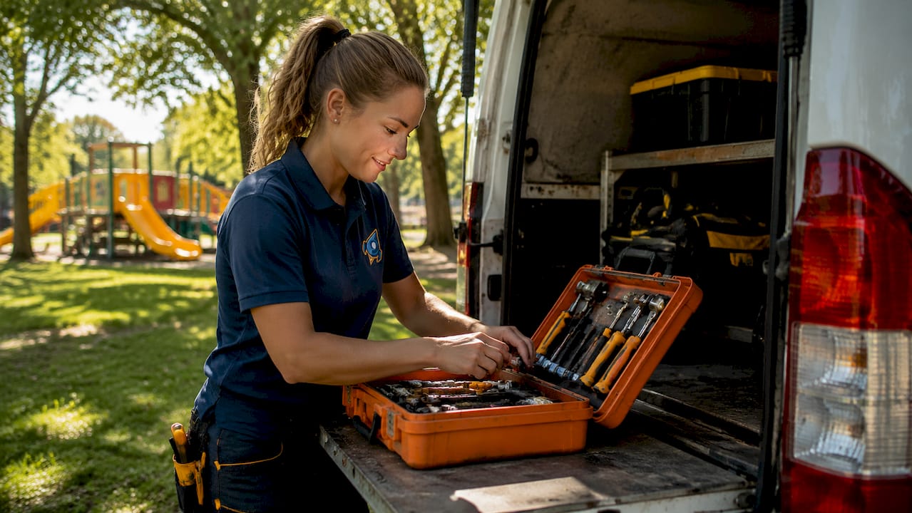 Plumber organizing tools at service van