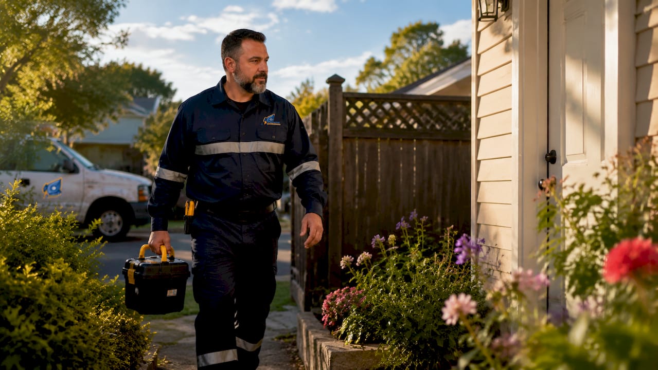 Emergency plumber arriving residential home