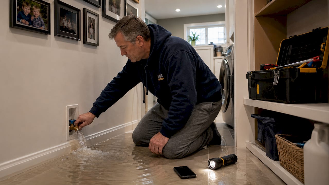 Homeowner turning off main water valve in flooded basement