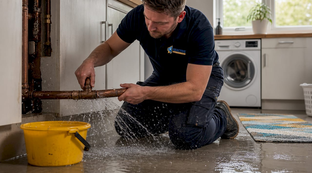 Burst pipe spraying water under kitchen sink