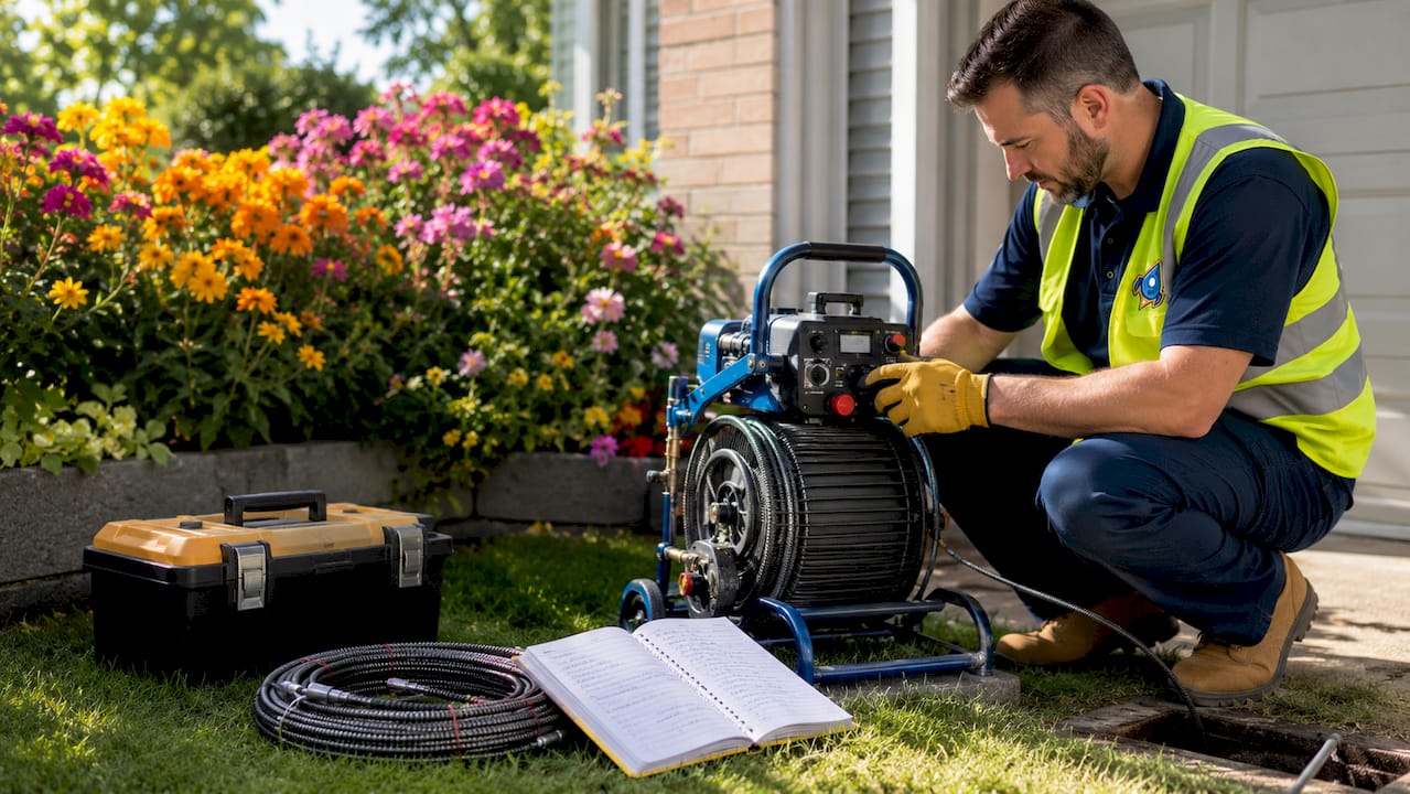 Plumber performing emergency drain clearing outdoors