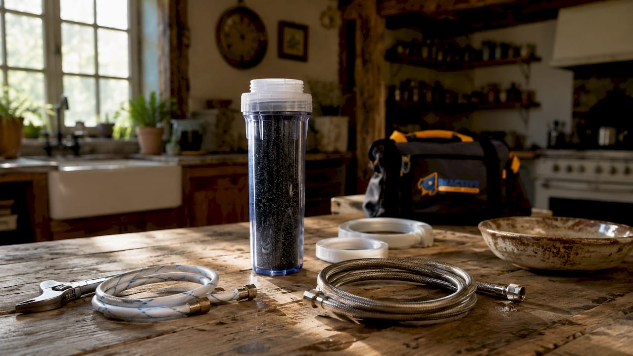 Activated carbon filter cartridge with tools on countertop