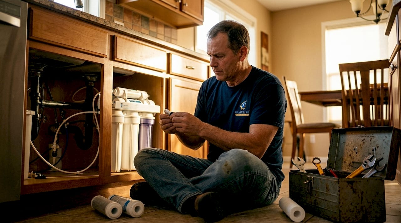 Person inspecting under sink water filtration system