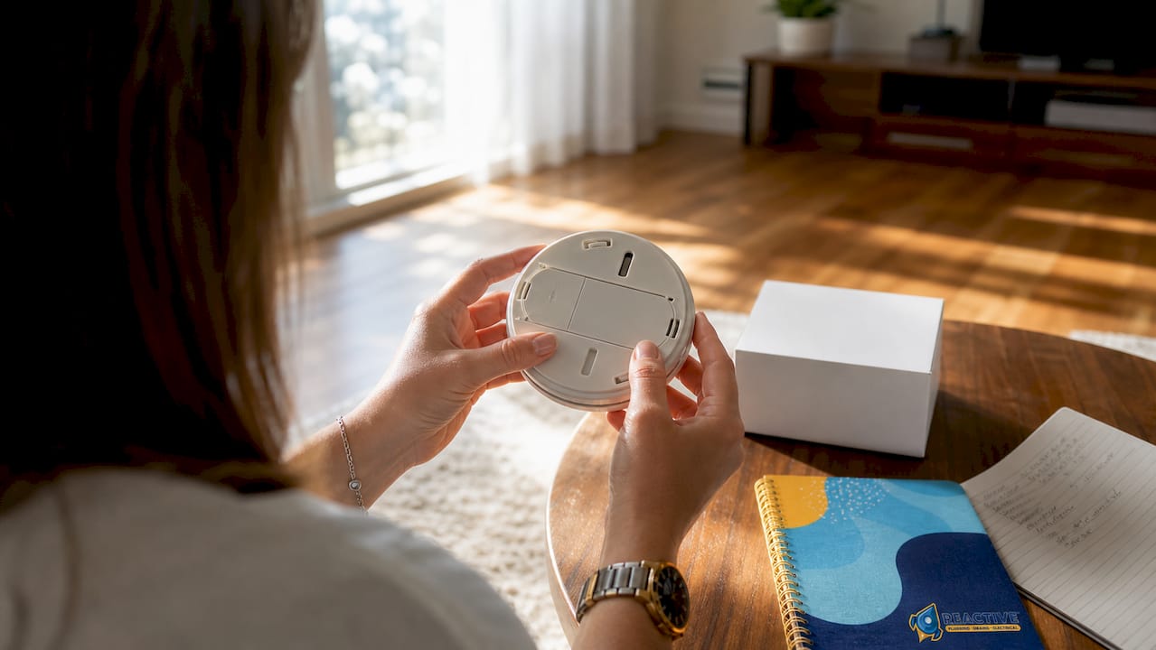 Close-up hands reading smoke alarm date
