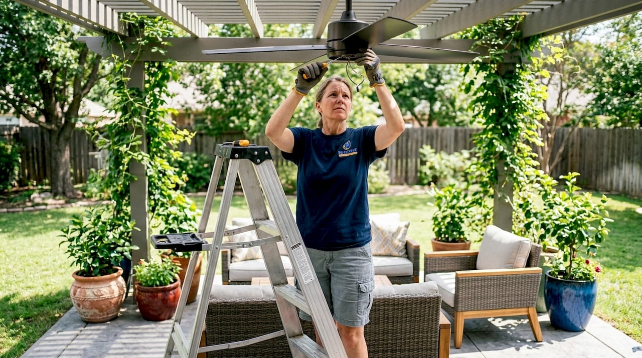 Woman installing ceiling fan indoors
