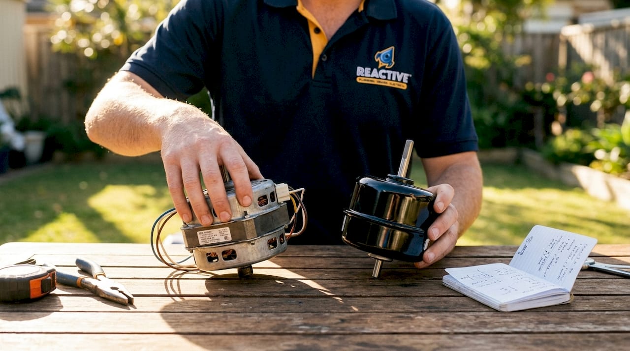 Hands holding AC and DC ceiling fan motors