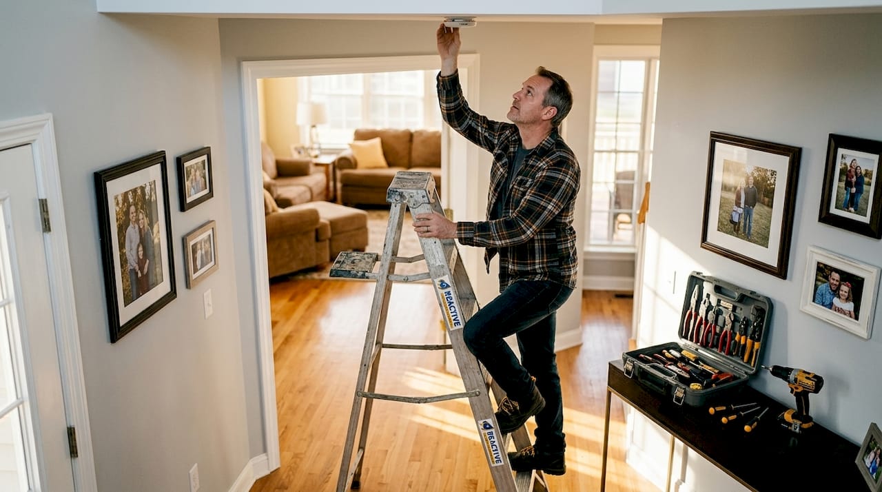 Man installing interconnected smoke alarm in home