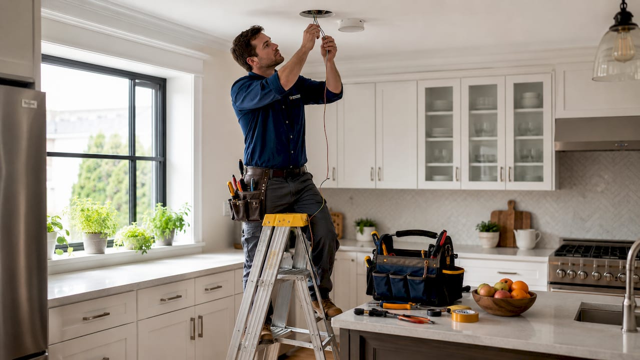 Electrician wiring hardwired smoke alarm connections