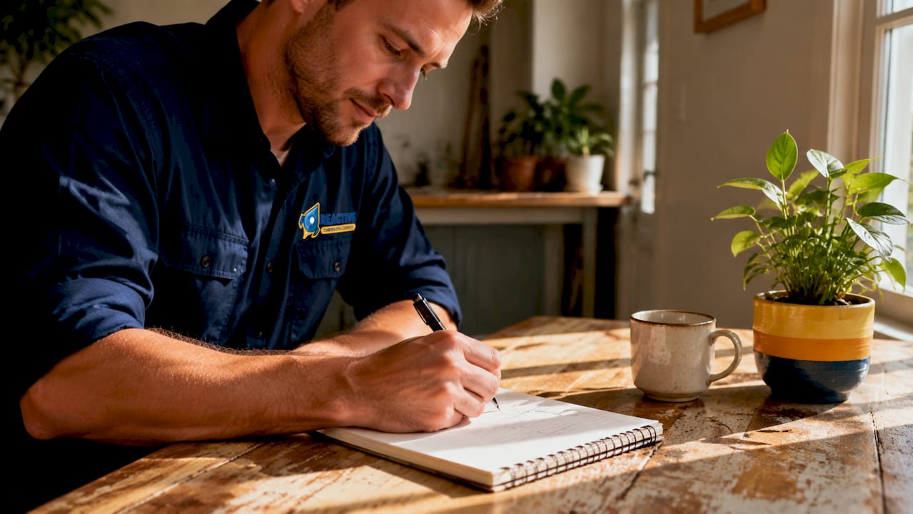 Hands writing flickering lights log in notebook