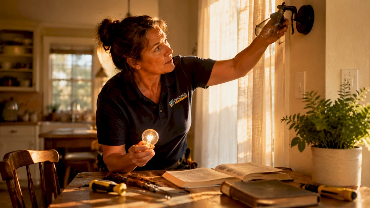 Homeowner inspecting flickering light bulb fixture