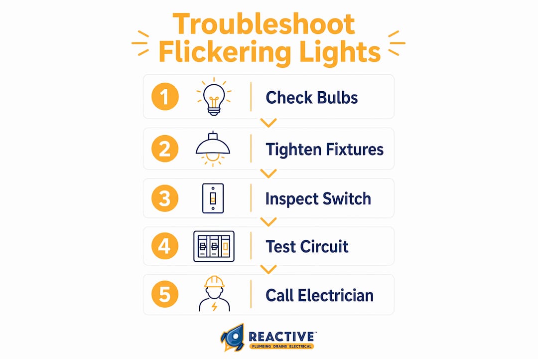 Infographic outlining safe steps to troubleshoot flickering lights
