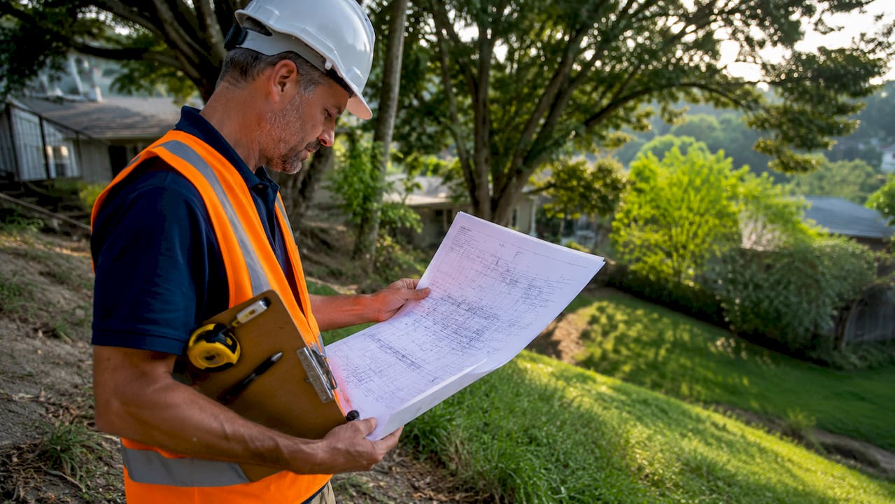 Engineer reviewing stormwater drainage plans outdoors