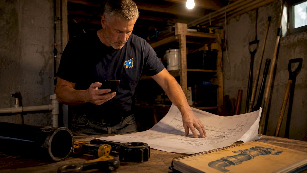 Homeowner reviewing sewer pipe repair information