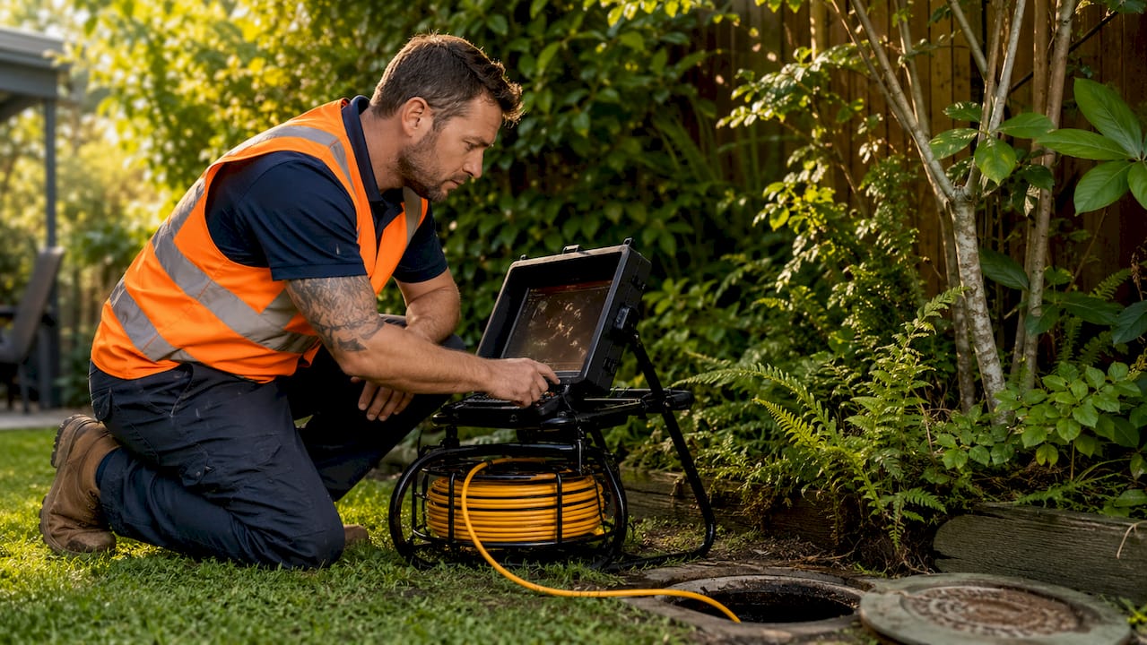 Plumber using sewer inspection camera equipment