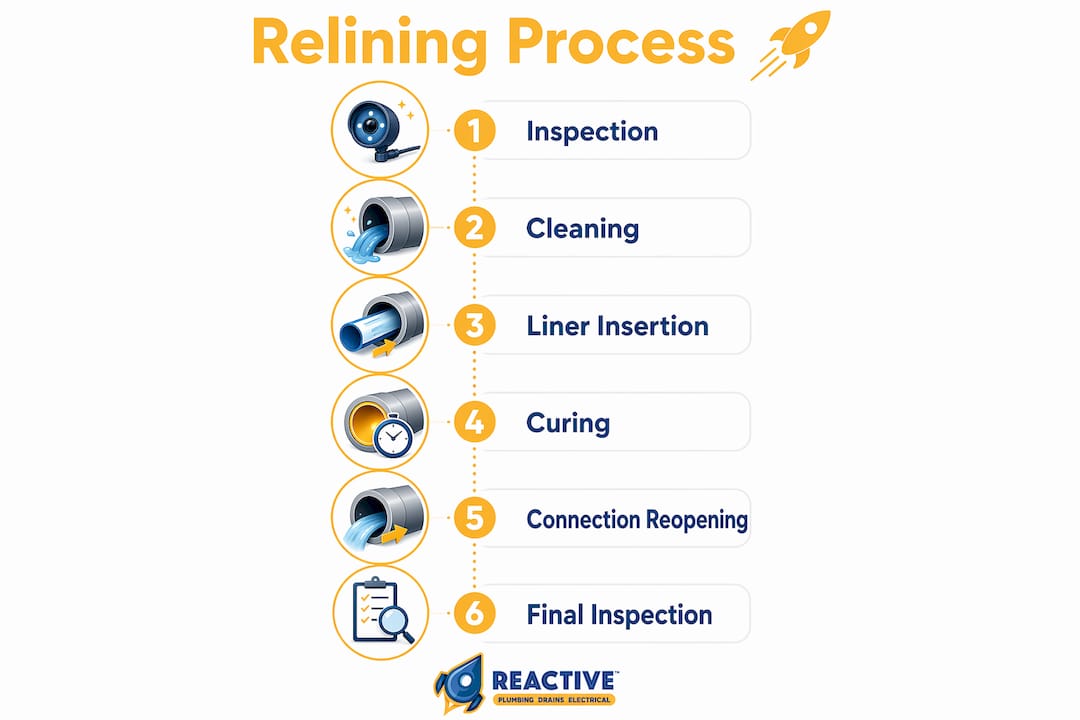 Infographic illustrating sewer pipe relining steps