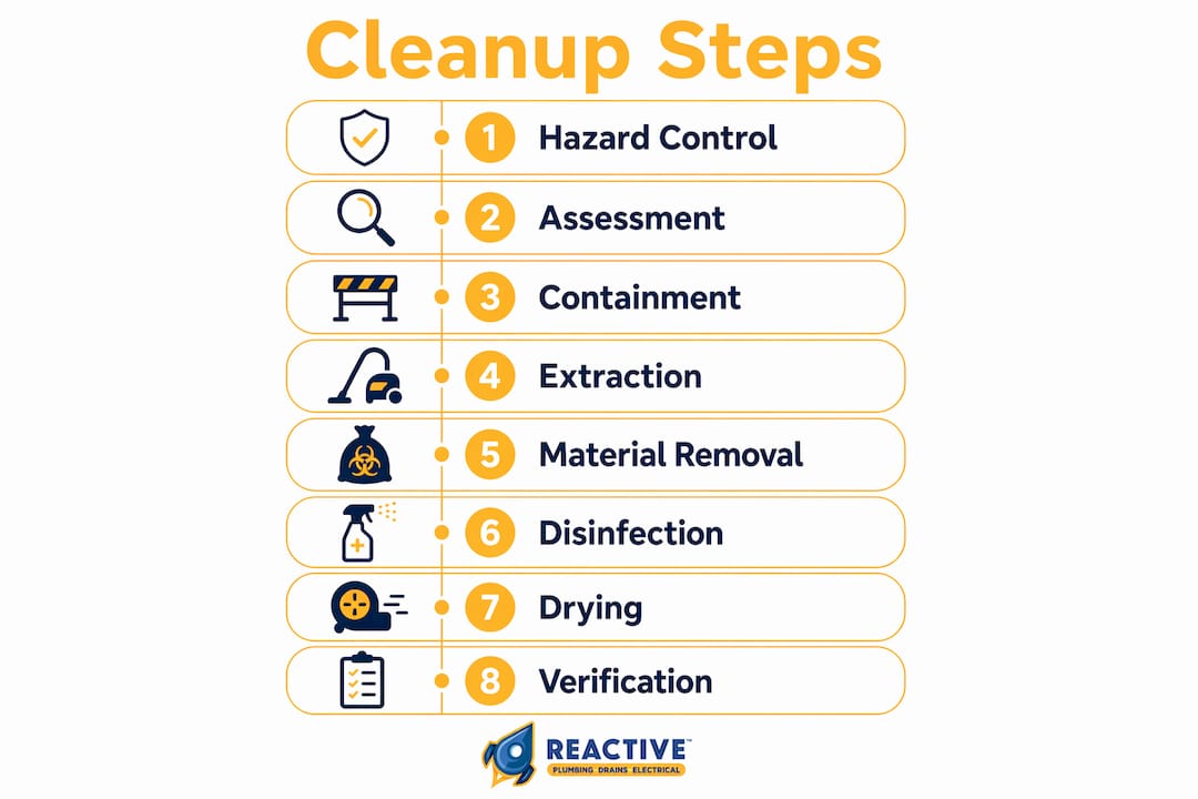 Vertical infographic of emergency sewage cleanup steps
