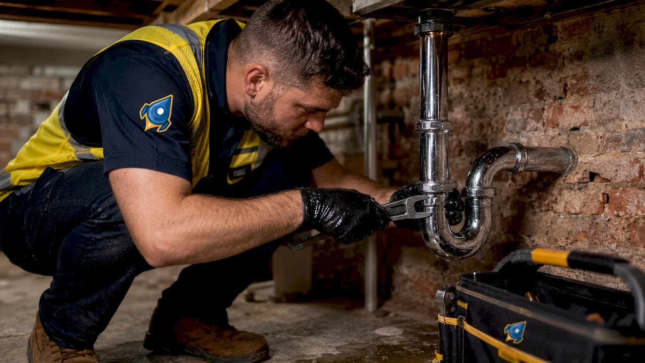 Close-up plumber hands working on P-trap pipe