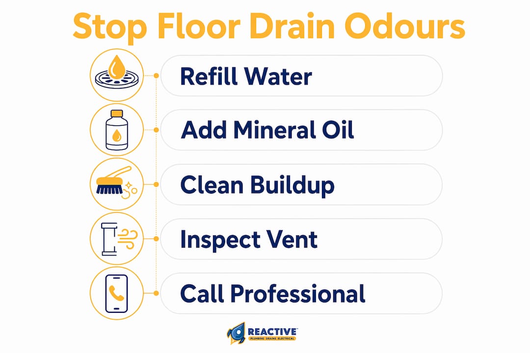 Infographic showing five steps to fix floor drain smells