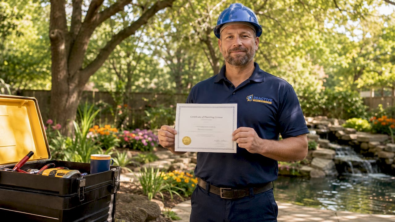 Licensed plumber showing certification in kitchen