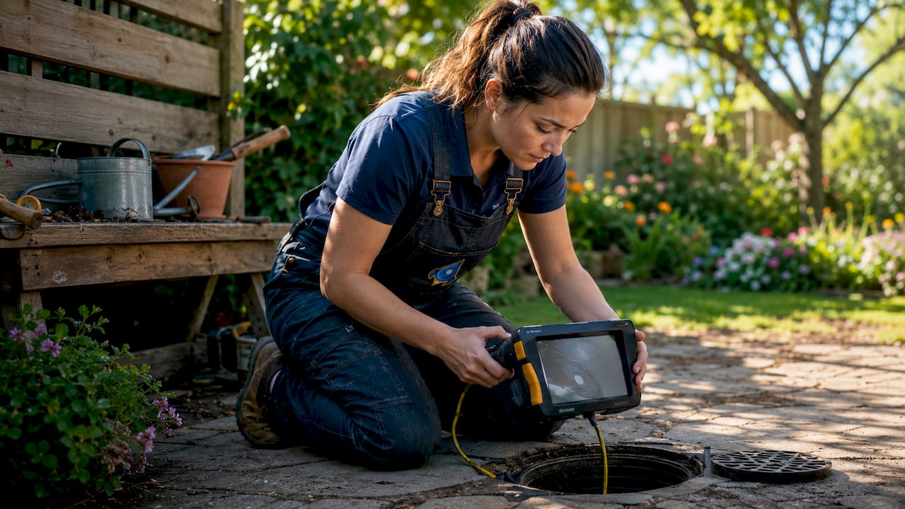 Plumber using CCTV diagnostic tool in basement