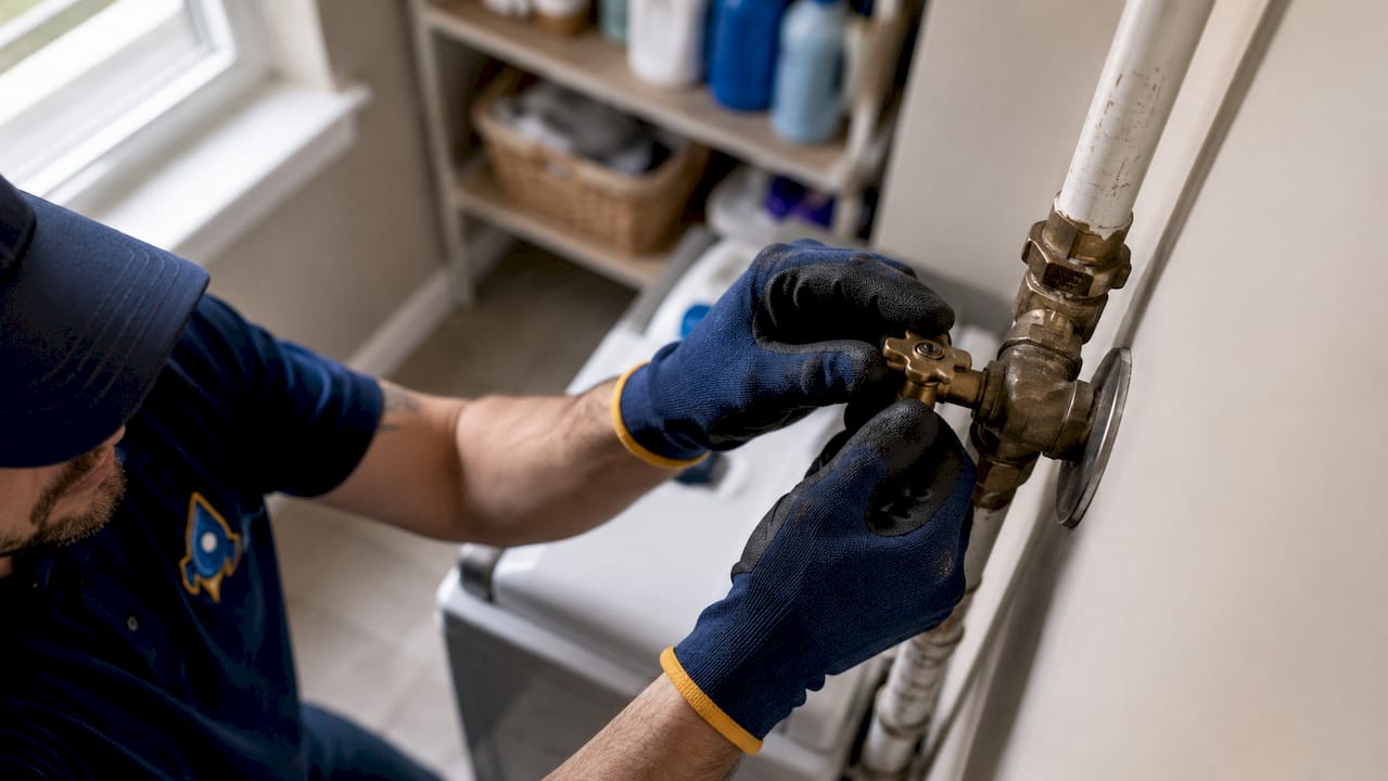 Plumber turning water shutoff valve hands close-up