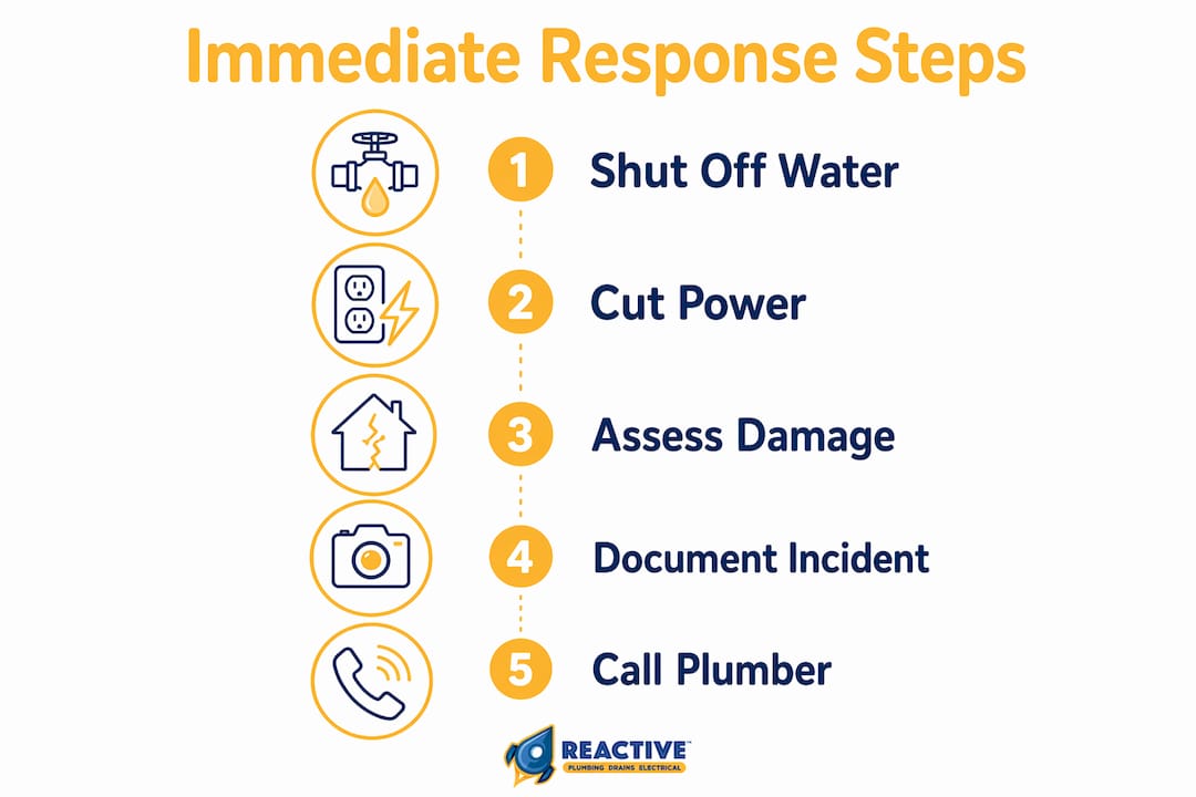 Infographic showing immediate response steps for hot water heater burst