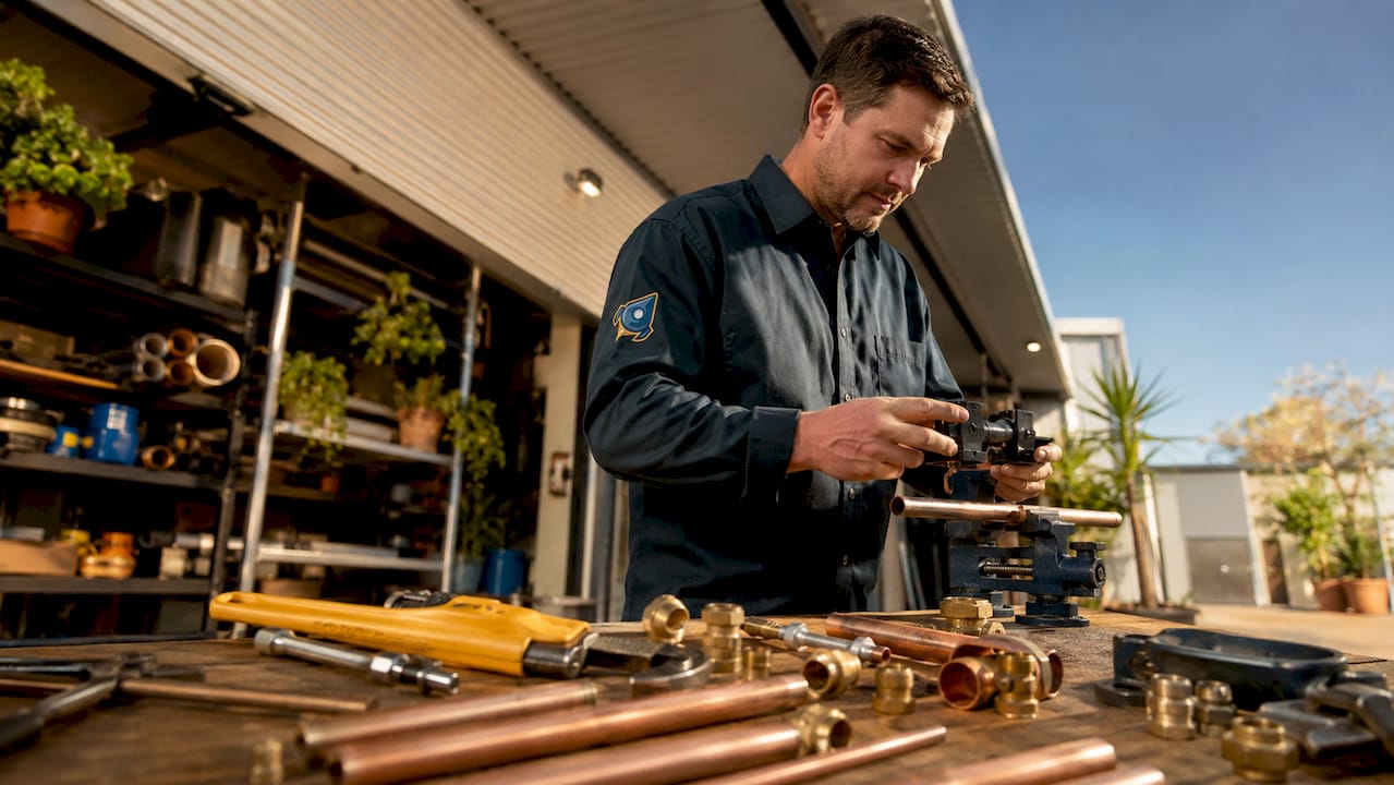 Technician preparing pipe repair clamp on copper pipe in workshop