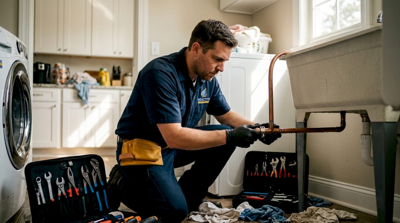 Technician applying clamp to burst pipe in kitchen cabinet