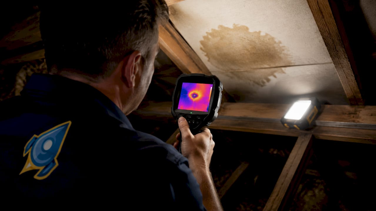 Thermal camera revealing moisture in basement wall