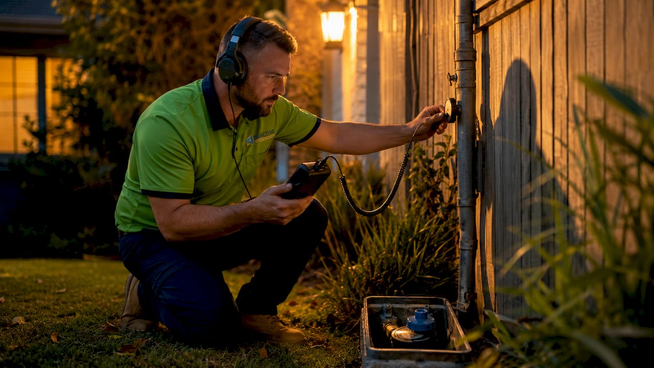 Technician using listening device by home water meter
