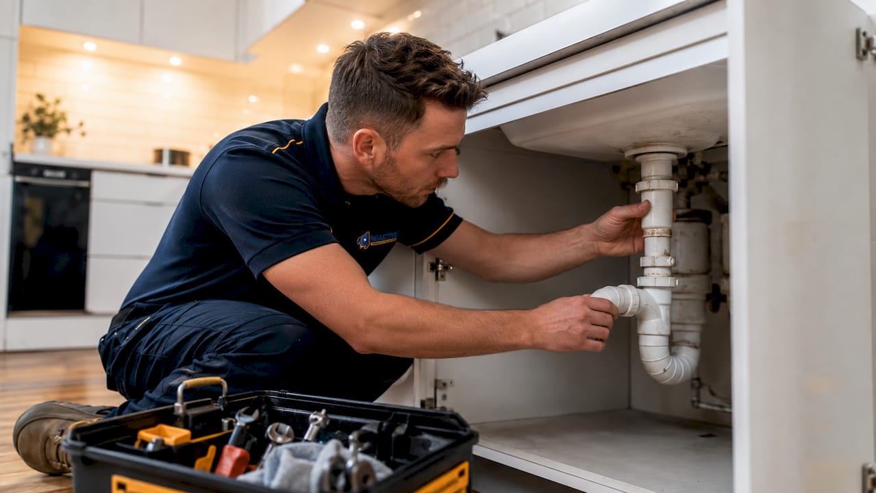 Technician inspecting residential drain pipes