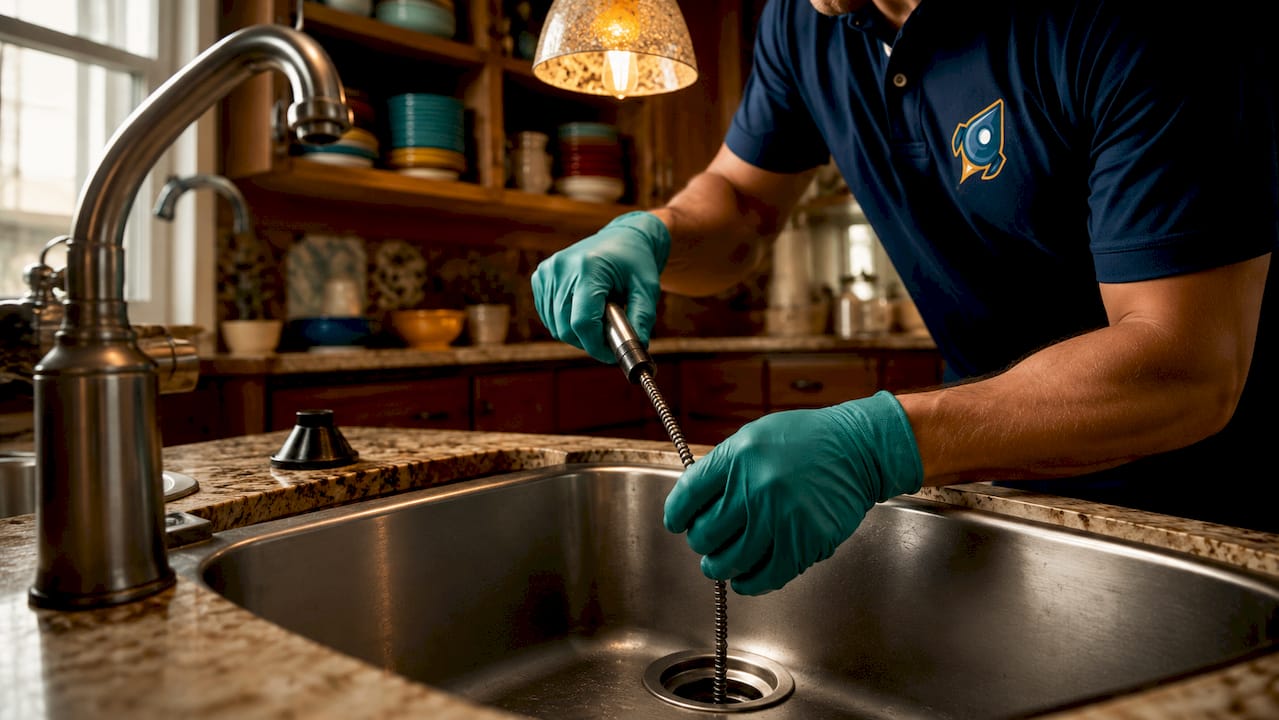Hands using snake tool to clear kitchen sink clog