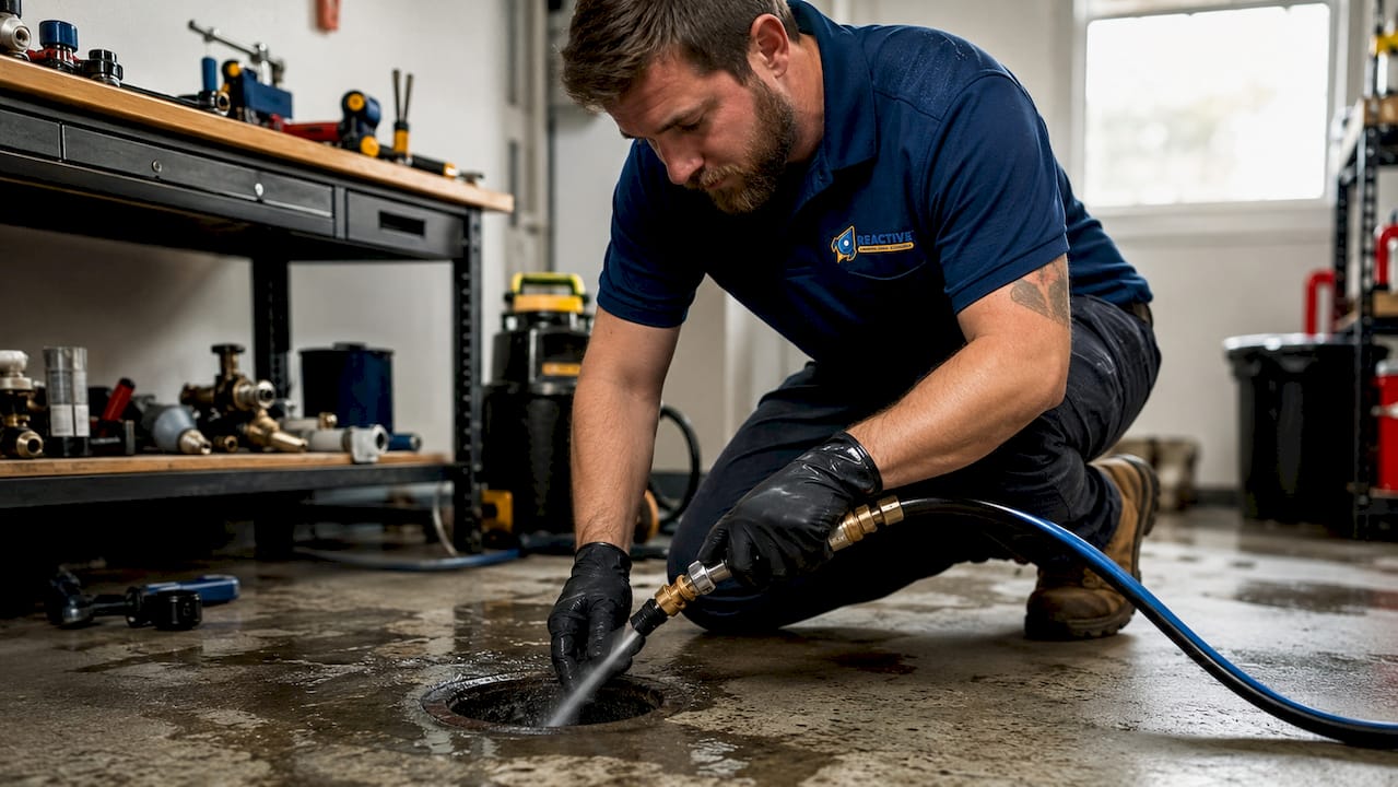 Plumber in blue uniform clearing basement drain blockage