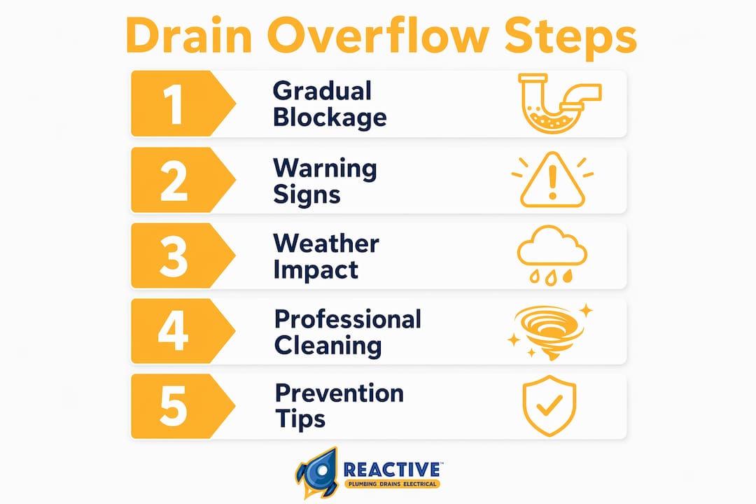 Infographic listing 5 key steps about drain overflow