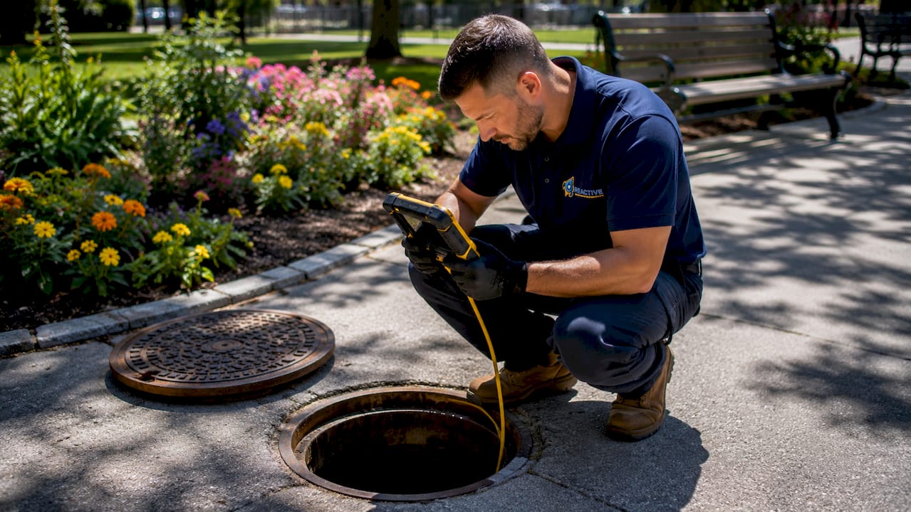 Technician inspecting commercial drain access outdoors