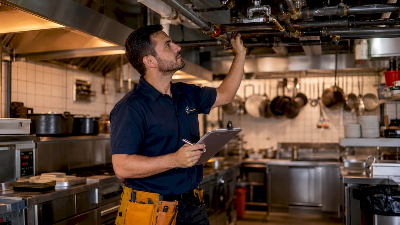 Plumber inspecting commercial plumbing system
