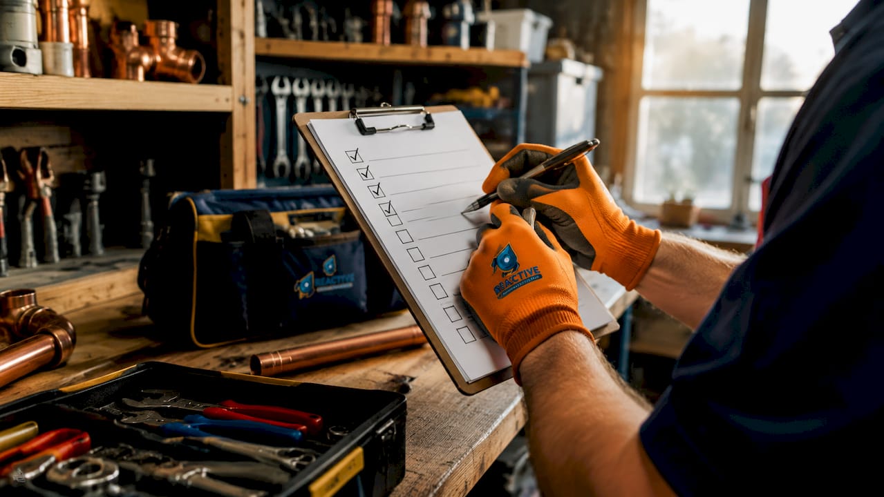 Hands checking plumbing inspection checklist