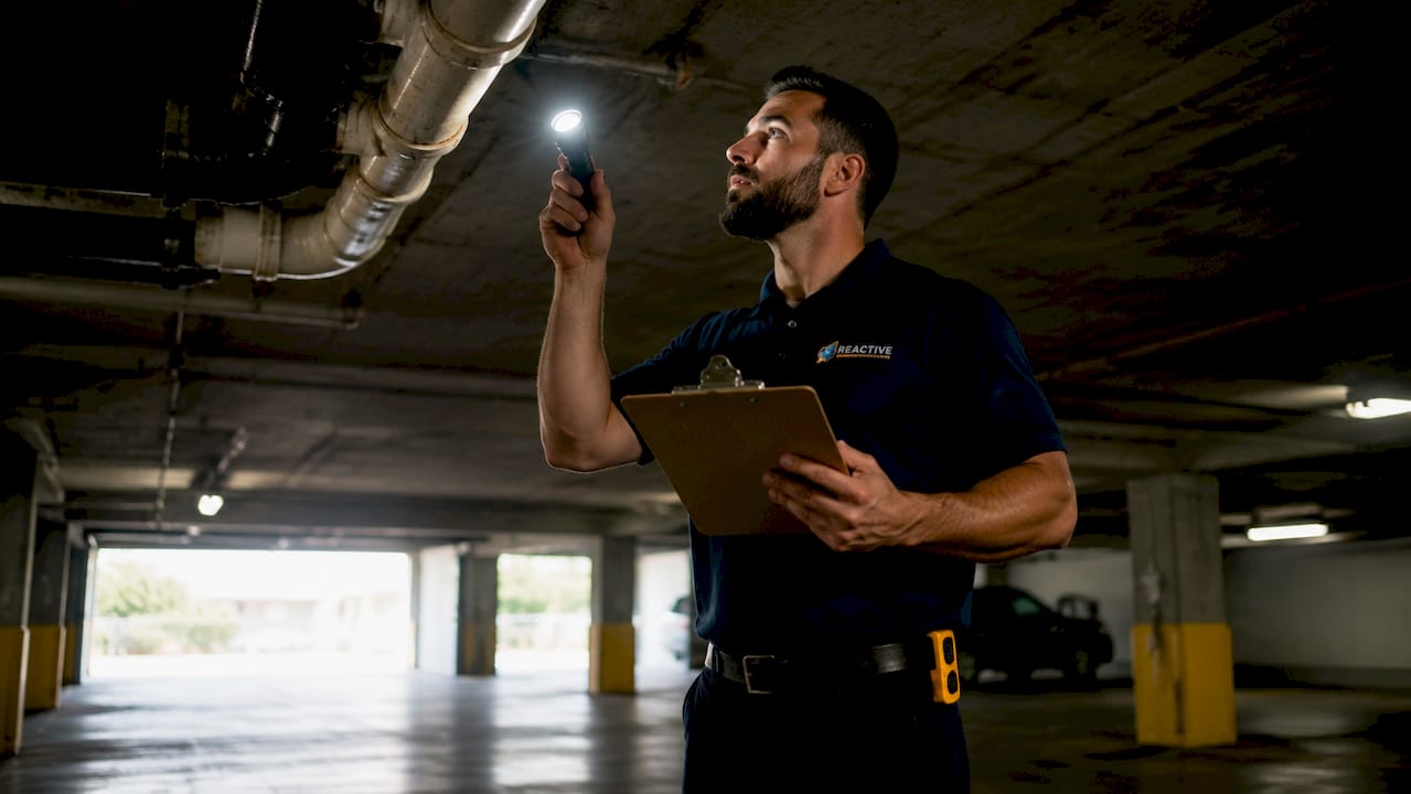 Branded plumbing technician inspecting pipes