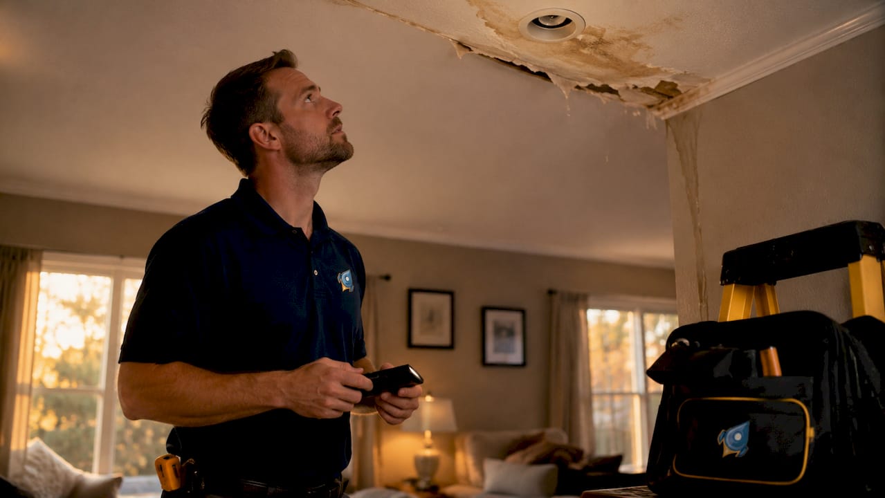 Sagging water-damaged ceiling near light fixture