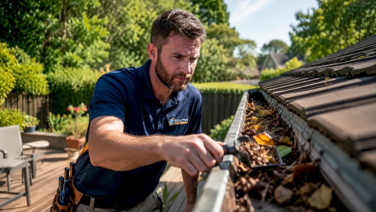 Technician inspecting clogged gutter on roof