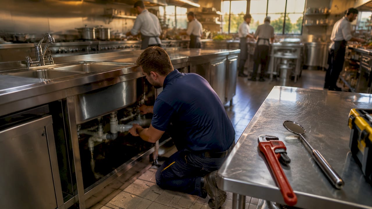 Technician inspecting kitchen plumbing pipes
