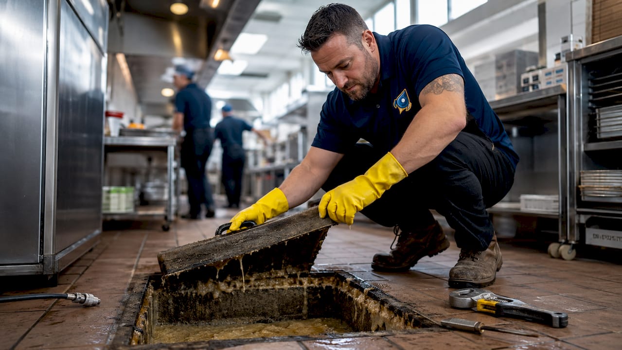 Overhead view into commercial kitchen grease trap