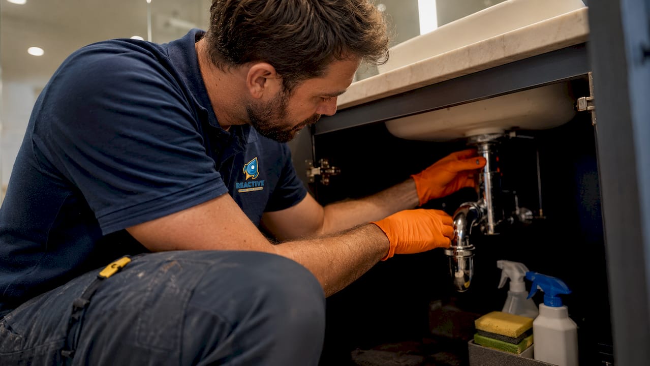 Plumber adjusting drain trap under kitchen sink